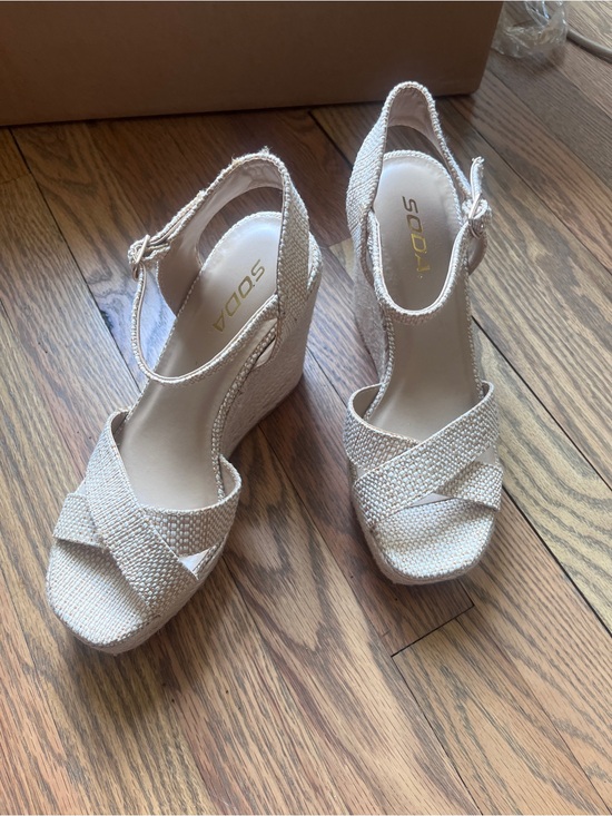 Soda Shoes - Soda Beige Woven Ankle-Strap Wedge Sandals 8.5